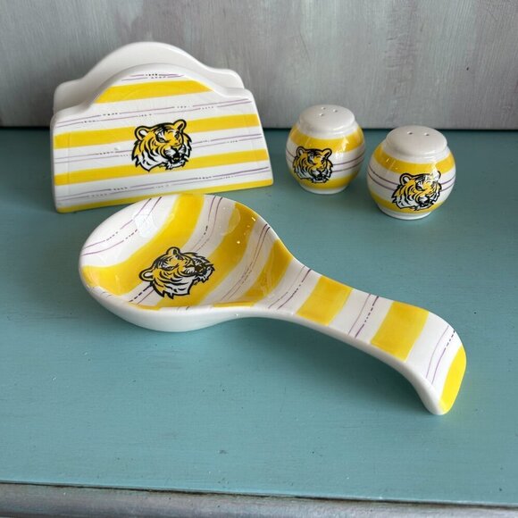 LSU Ceramic Tabletop Trio Y2K Geaux Tigers Tableware Tailgating Salt and Pepper - Picture 2 of 11